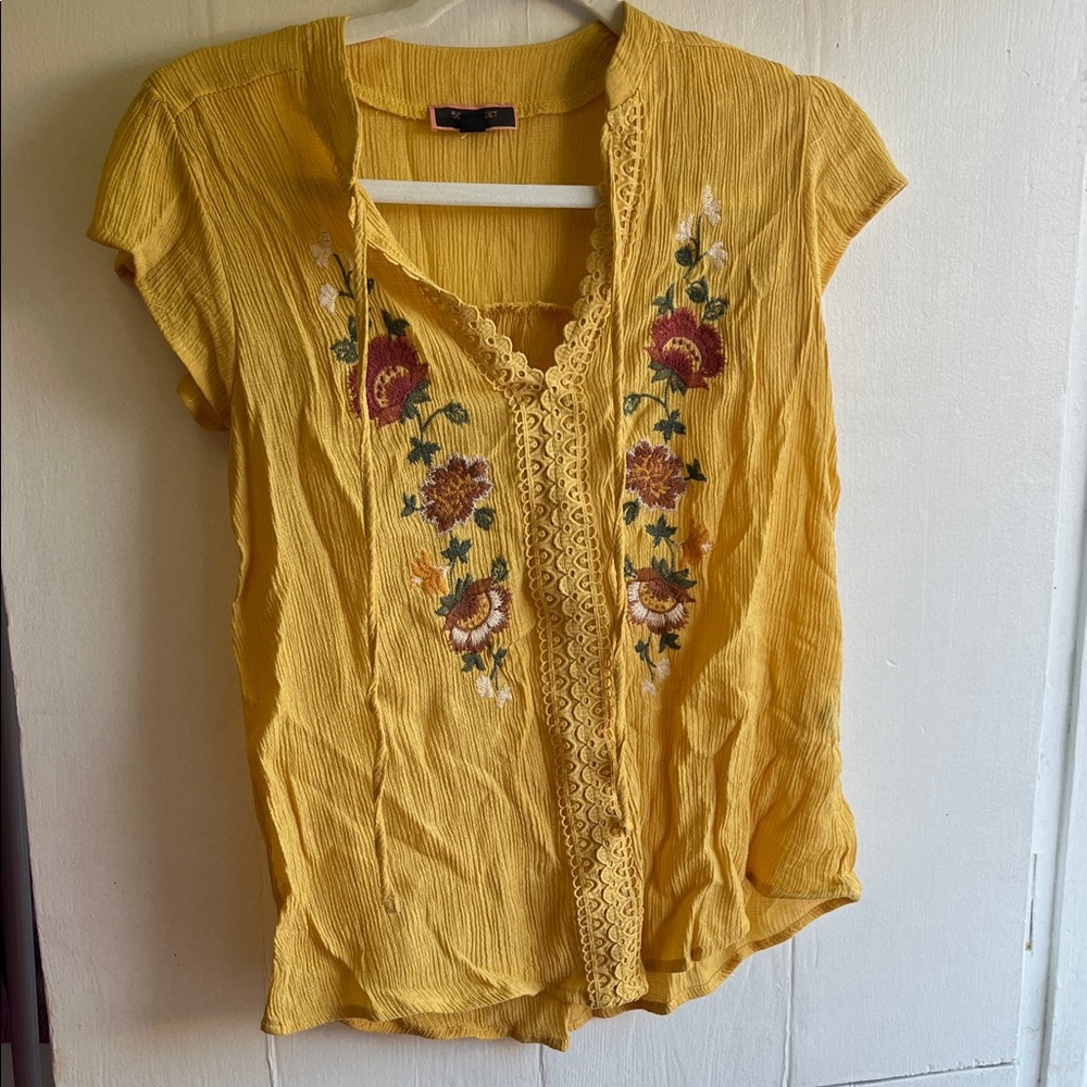 Women's Yellow Embroidered Boho Top